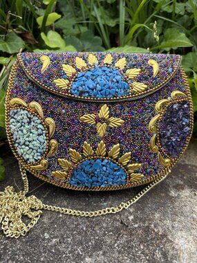 Ramla Beaded Clutch Purple Mosaic Design Chain Strap Handmade Boho Festival NEW
